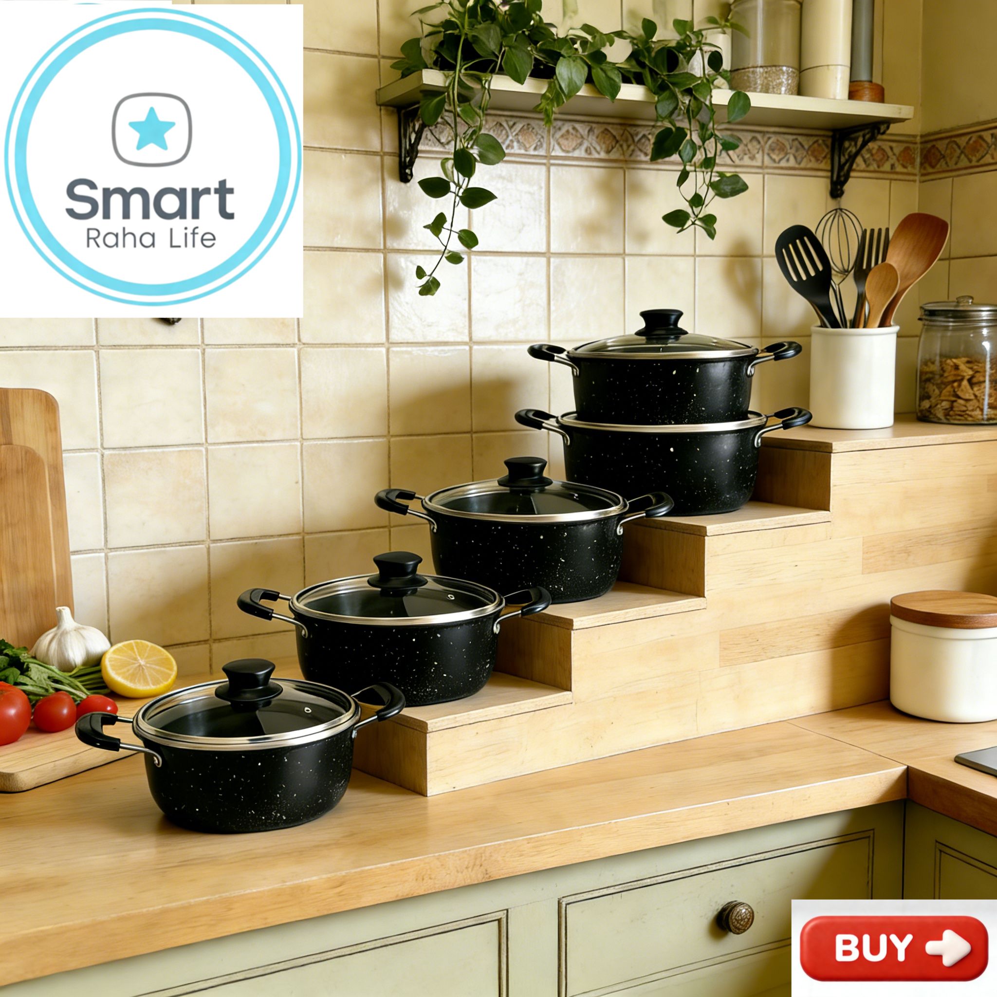 【Promotion】Smartrahalife 10PCS Iron Pots NonStick Cookware Set 5pcs pots and 5pcs lids（18/20/22/24/26cm) 4pcs cleaning tool Suitable for induction cookers Sufuria