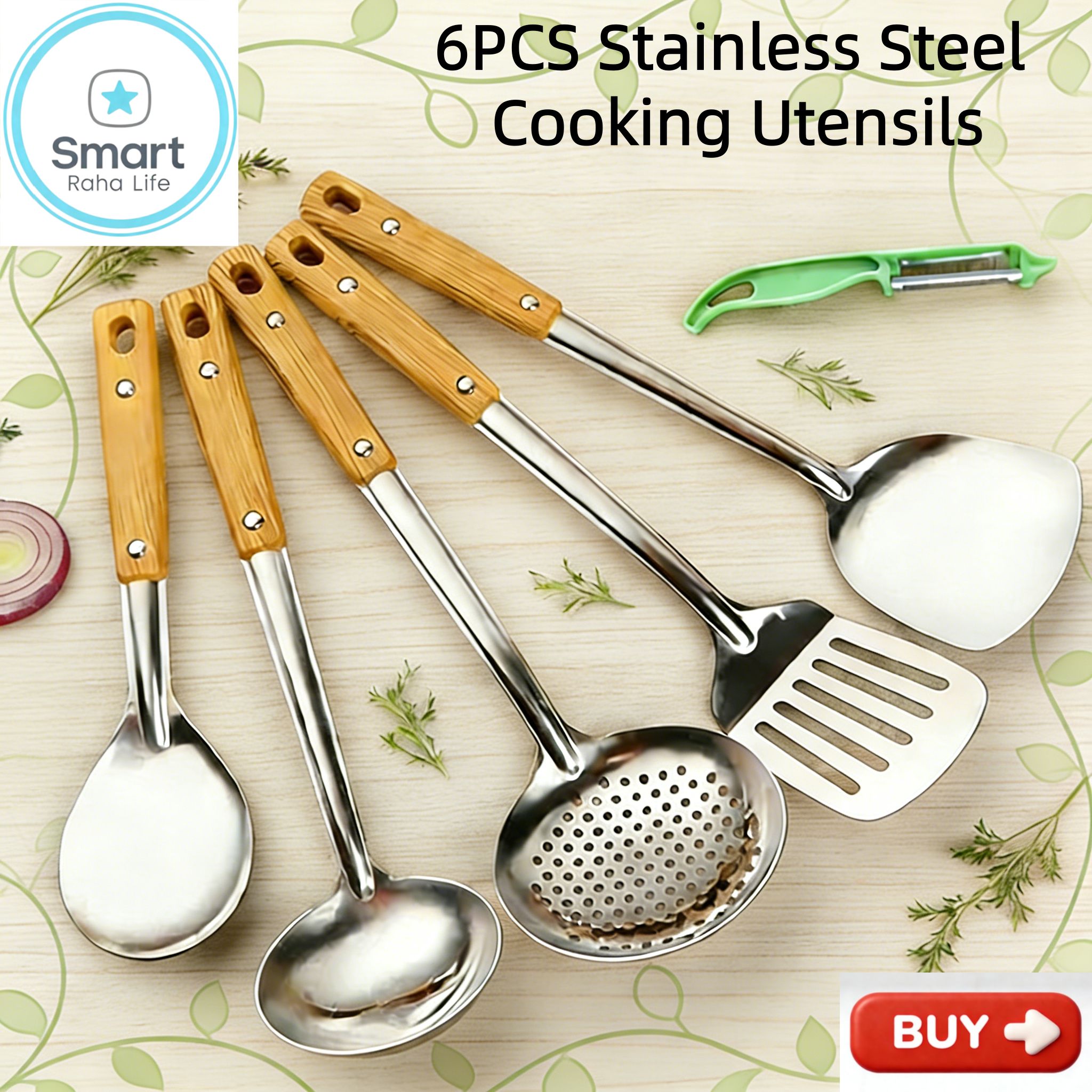 【Promotion】Smartrahalife 6PCS Stainless Steel Cooking Utensils Set Non-Stick & Heat Resistant Spatula Spoon Strainer Filter Cooking Essential for Non-Scratch Use Easy Clean & Dishwasher Safe