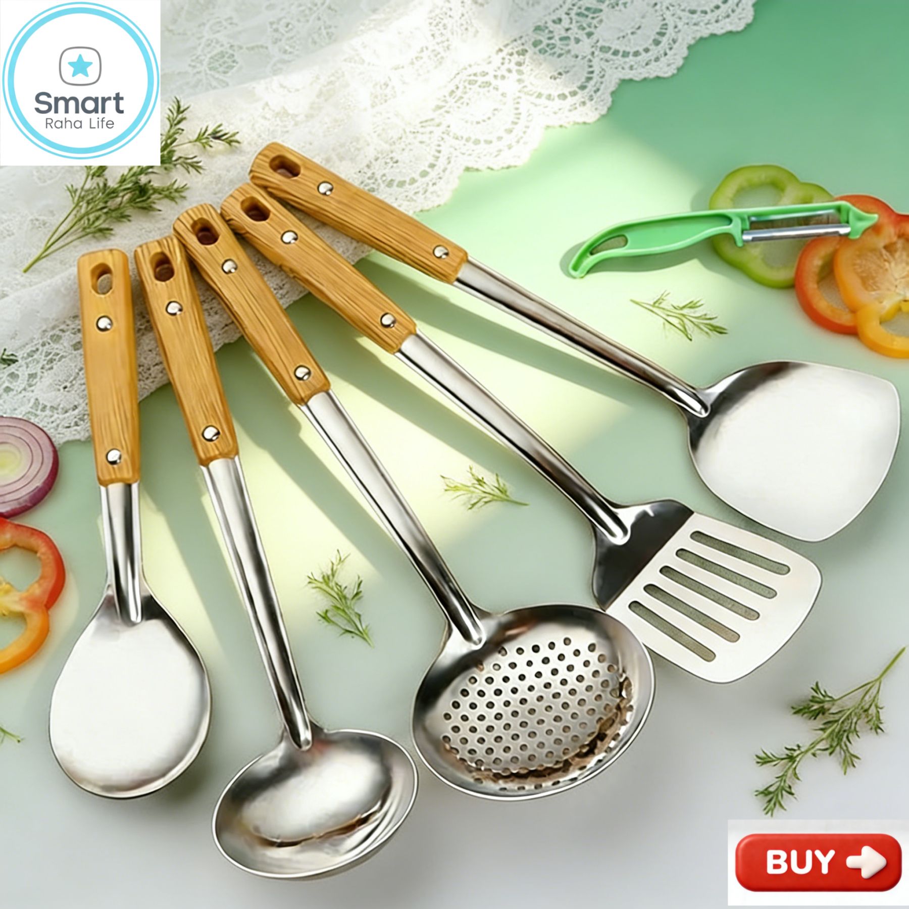 【Promotion】Smartrahalife 6PCS Stainless Steel Cooking Utensils Set Non-Stick & Heat Resistant Spatula Spoon Strainer Filter Cooking Essential for Non-Scratch Use Easy Clean & Dishwasher Safe