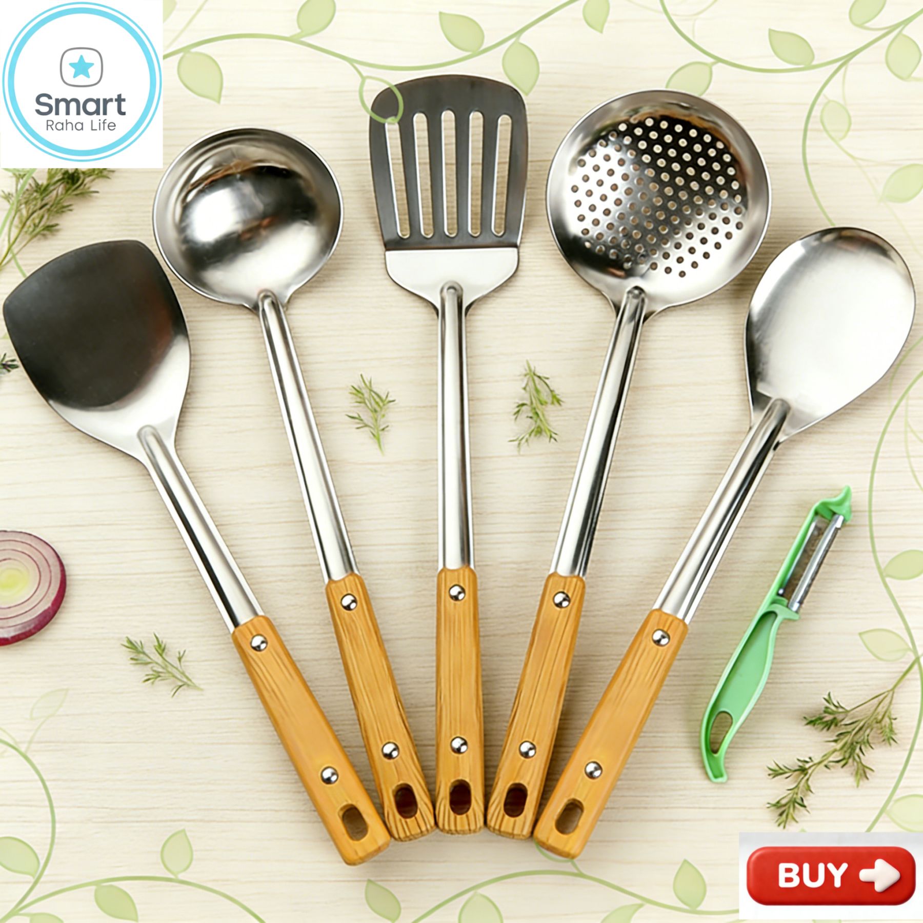 【Promotion】Smartrahalife 6PCS Stainless Steel Cooking Utensils Set Non-Stick & Heat Resistant Spatula Spoon Strainer Filter Cooking Essential for Non-Scratch Use Easy Clean & Dishwasher Safe
