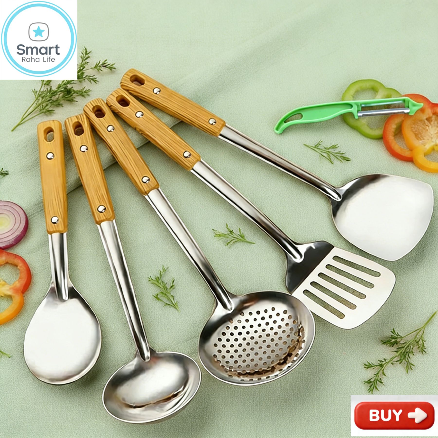 【Promotion】Smartrahalife 6PCS Stainless Steel Cooking Utensils Set Non-Stick & Heat Resistant Spatula Spoon Strainer Filter Cooking Essential for Non-Scratch Use Easy Clean & Dishwasher Safe