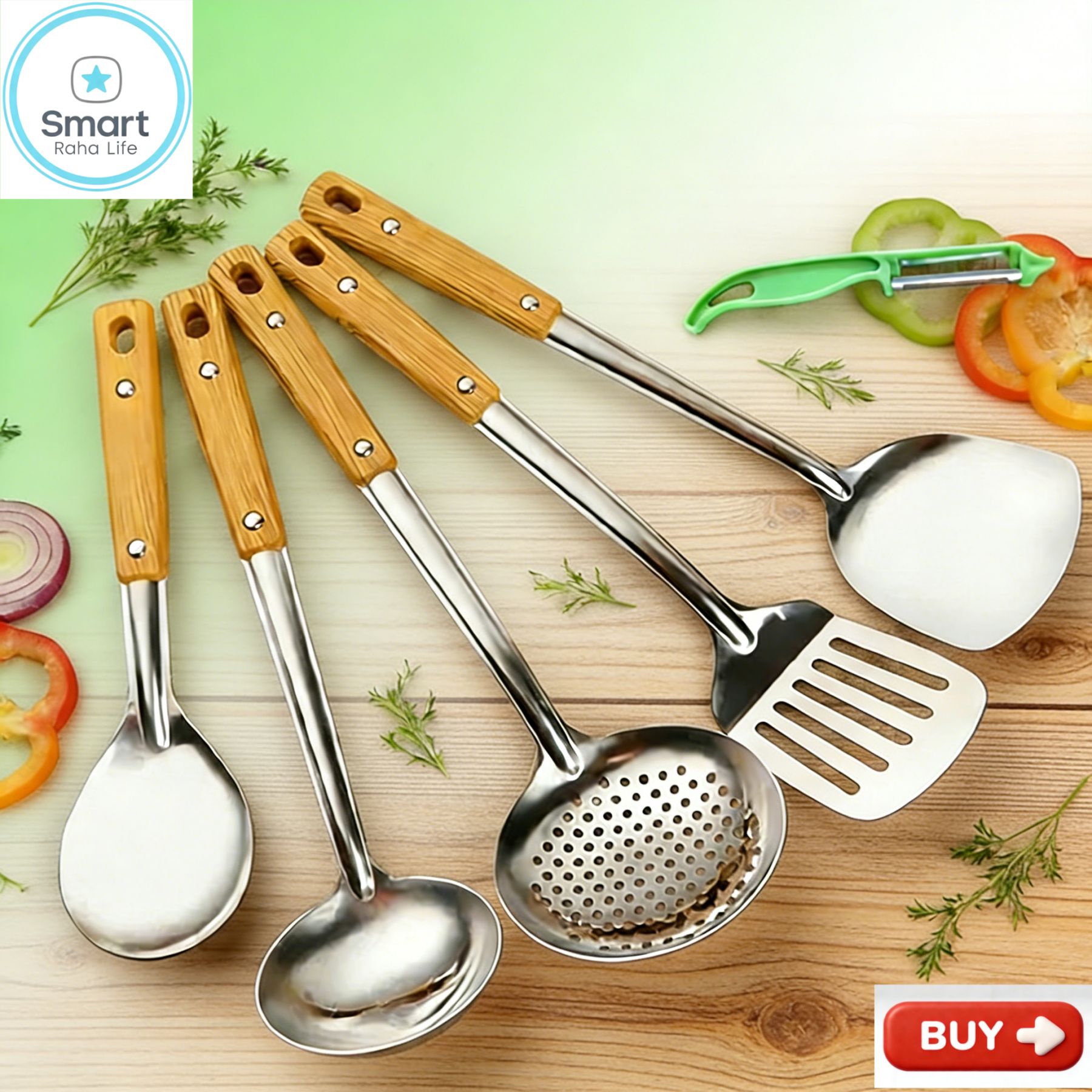 【Promotion】Smartrahalife 6PCS Stainless Steel Cooking Utensils Set Non-Stick & Heat Resistant Spatula Spoon Strainer Filter Cooking Essential for Non-Scratch Use Easy Clean & Dishwasher Safe