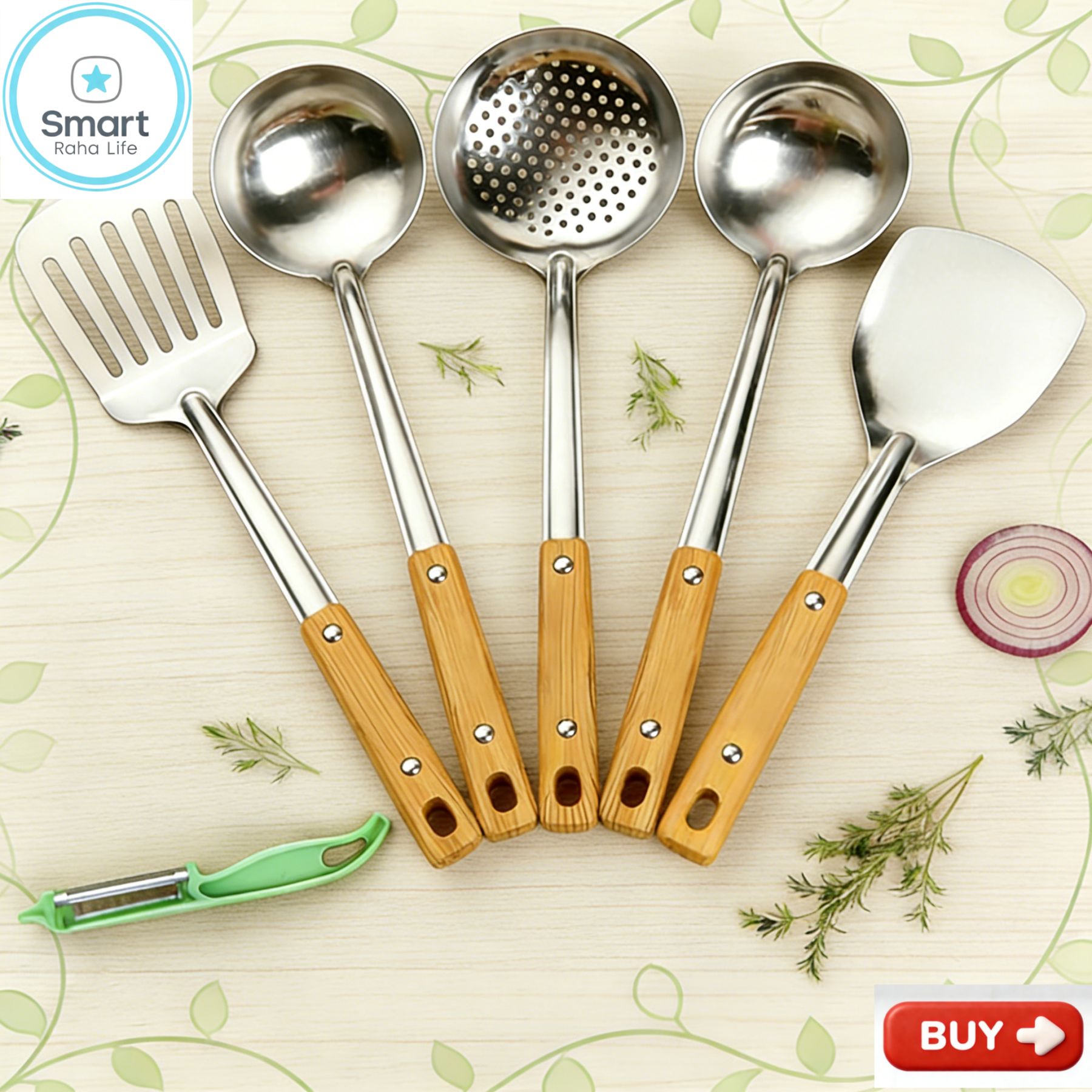 【Promotion】Smartrahalife 6PCS Stainless Steel Cooking Utensils Set Non-Stick & Heat Resistant Spatula Spoon Strainer Filter Cooking Essential for Non-Scratch Use Easy Clean & Dishwasher Safe