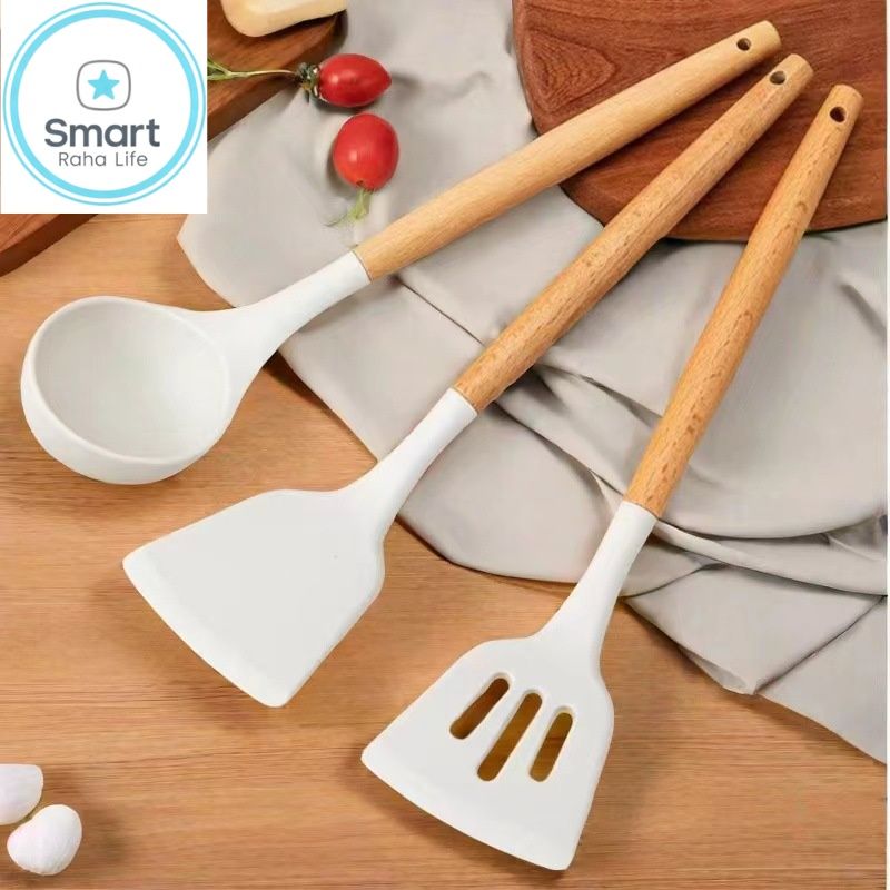 【Promotion】Smartrahalife 3PCS Silicone Cooking Utensils Set Non-Stick & Heat Resistant Spatula Spoon Strainer Filter Cooking Essential for Non-Scratch Use Easy Clean & Dishwasher Safe Ladle