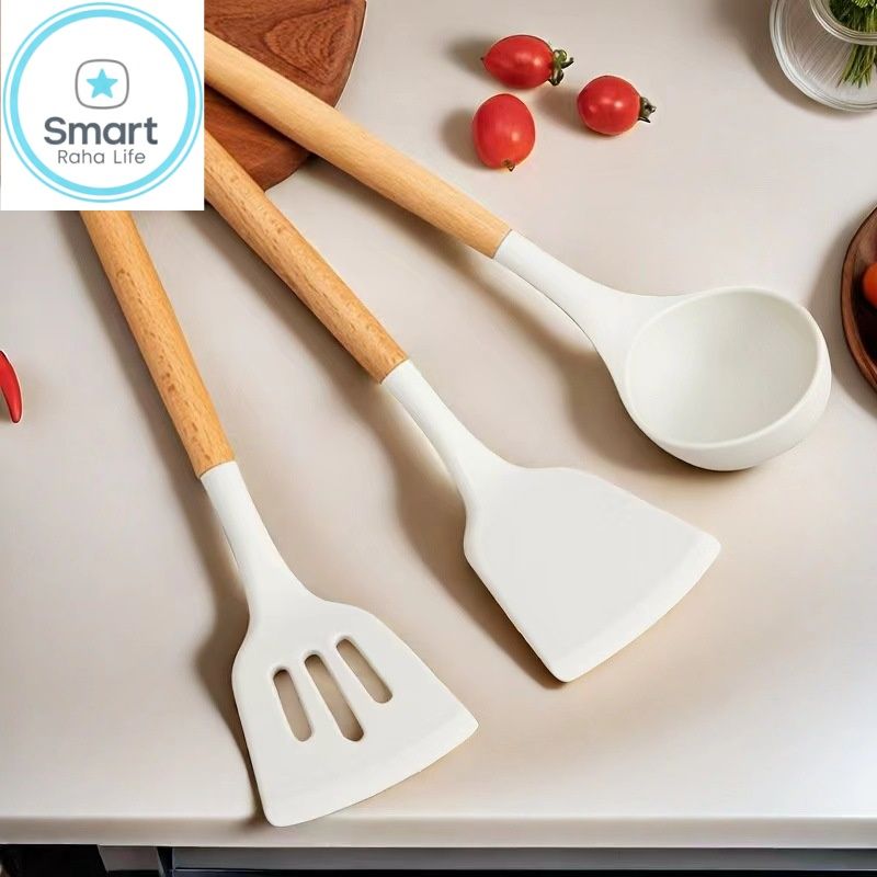 【Promotion】Smartrahalife 3PCS Silicone Cooking Utensils Set Non-Stick & Heat Resistant Spatula Spoon Strainer Filter Cooking Essential for Non-Scratch Use Easy Clean & Dishwasher Safe Ladle