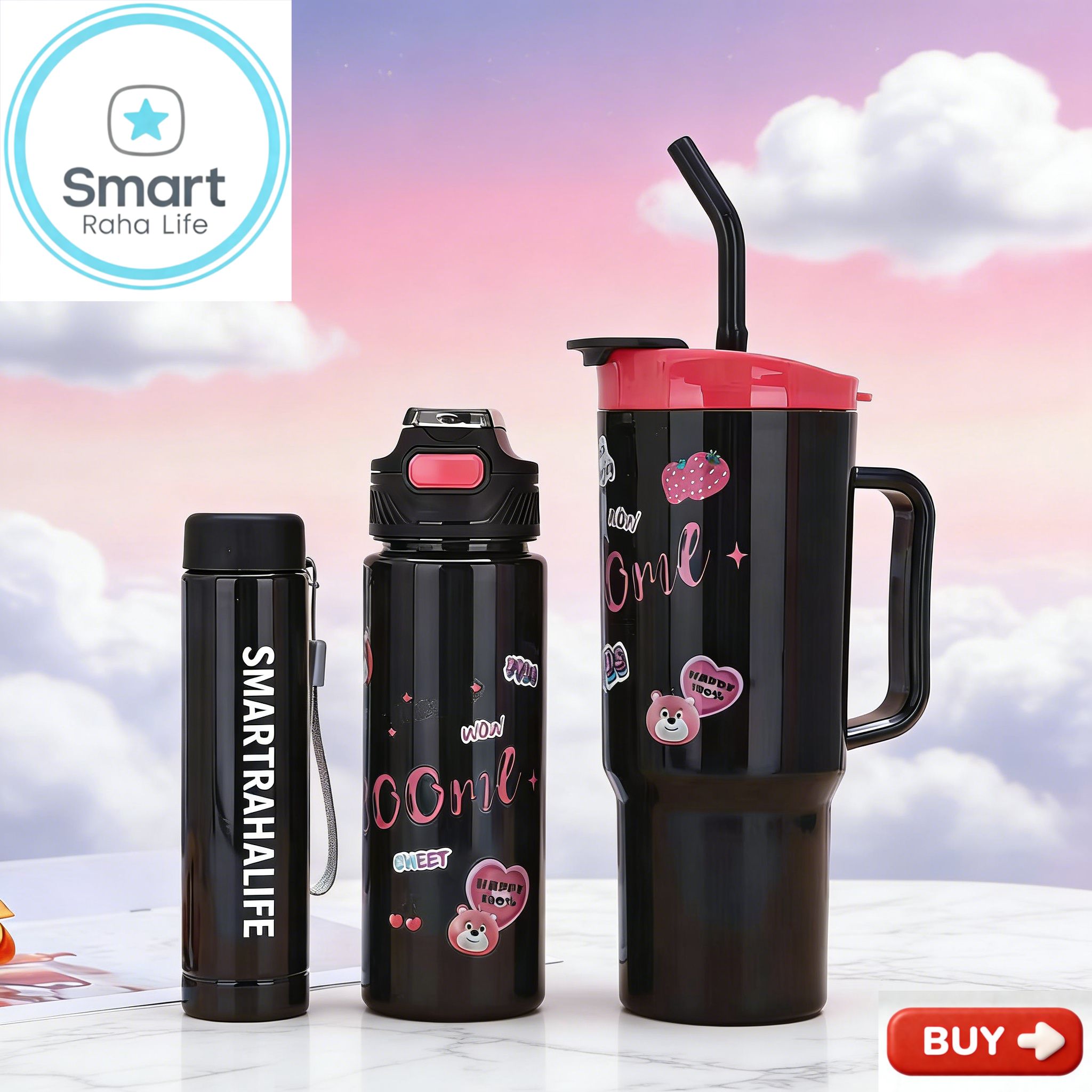 Smartrahalife 3PCS Water Bottles Set 40oz Large Capacity 1200ml/700ml/260ml,3-in-1 Stanley Style Travel Mugs with Straw & Leakproof Lid, Portable Sports Cup for Office  Gym Coffee Smoothie Juice