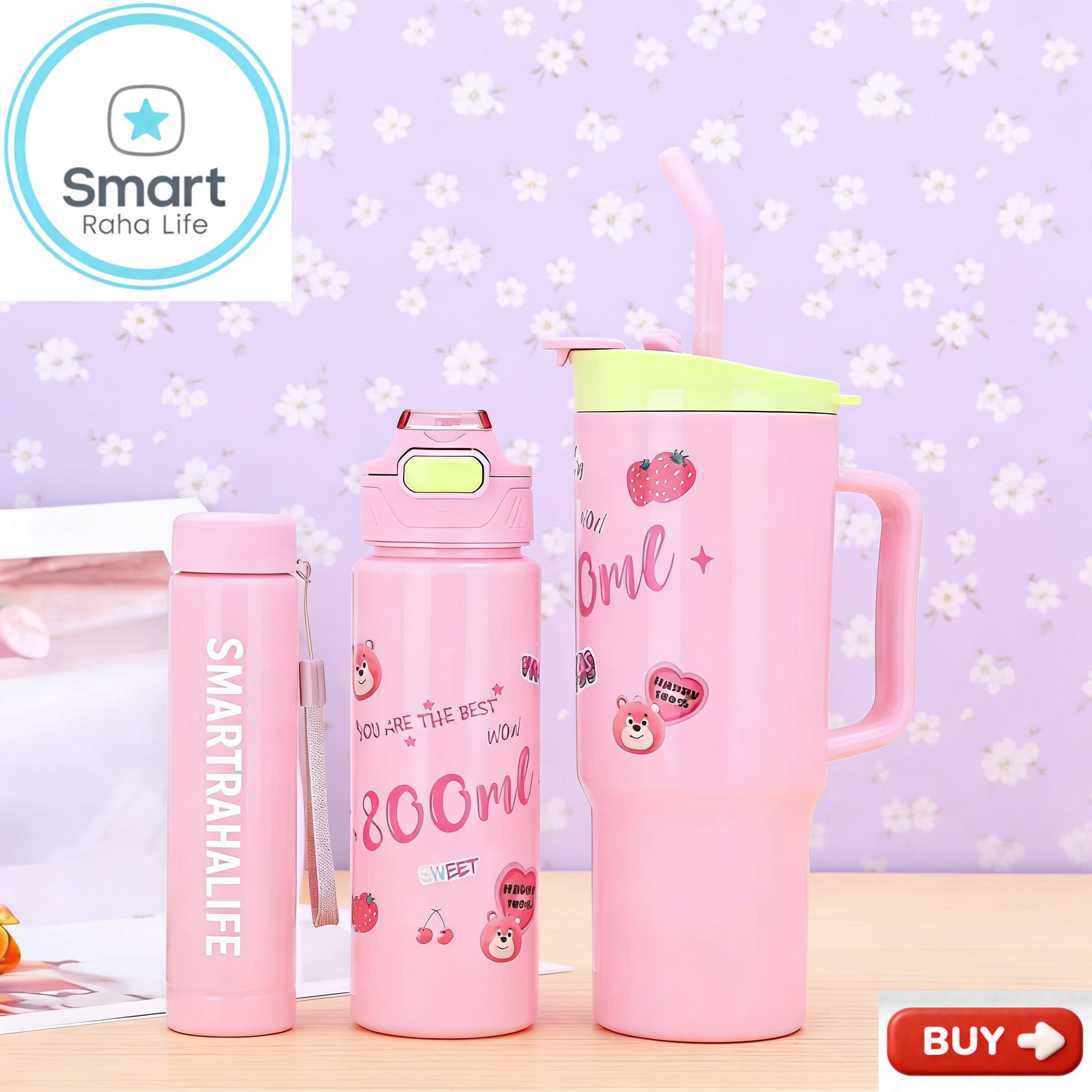 Smartrahalife 3PCS Water Bottles Set 40oz Large Capacity 1200ml/700ml/260ml,3-in-1 Stanley Style Travel Mugs with Straw & Leakproof Lid, Portable Sports Cup for Office  Gym Coffee Smoothie Juice