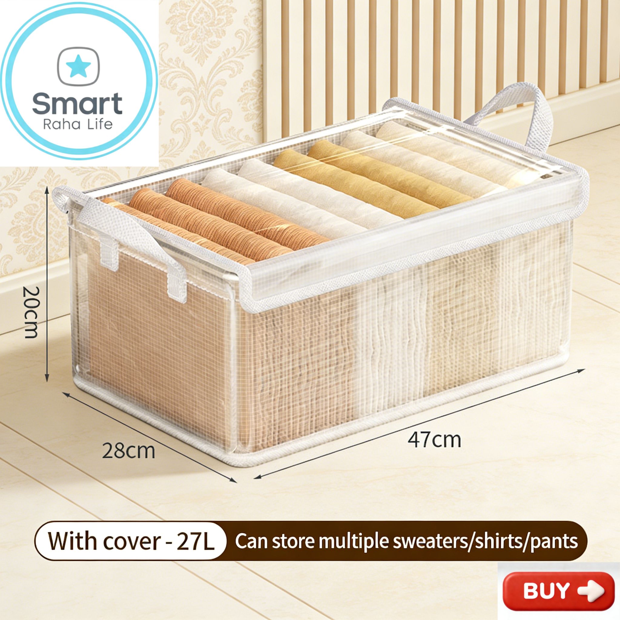 Smartrahalife Foldable Closet Organizer – Stackable Storage Baskets with Handles & Dustproof Lids, Steel Frame Shelf for Clothes & Toys, Space Saver Fabric Shelves, Easy Assemble Wardrobe Box