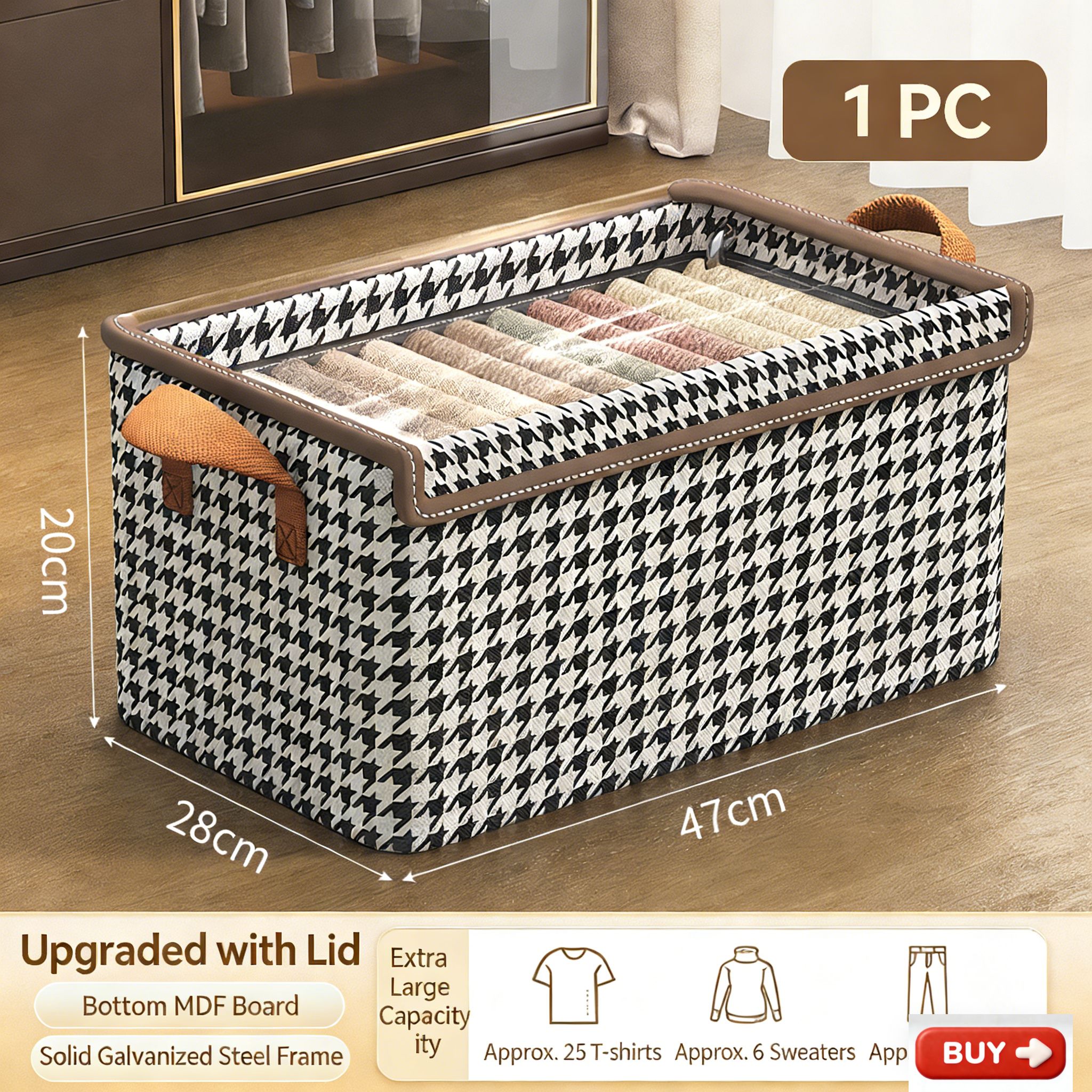 Smartrahalife Foldable Closet Organizer – Stackable Storage Baskets with Handles & Dustproof Lids, Steel Frame Shelf for Clothes & Toys, Space Saver Fabric Shelves, Easy Assemble Wardrobe Box