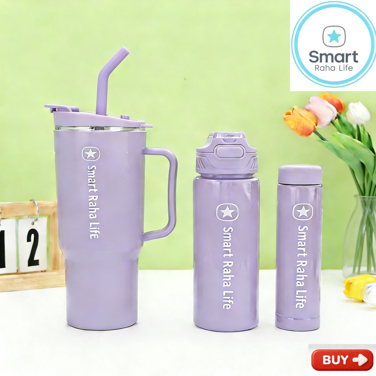 Smartrahalife 3PCS Water Bottles Set 40oz Large Capacity 1200ml/700ml/260ml,3-in-1 Stanley Style Travel Mugs with Straw & Leakproof Lid, Portable Sports Cup for Office  Gym Coffee Smoothie Juice