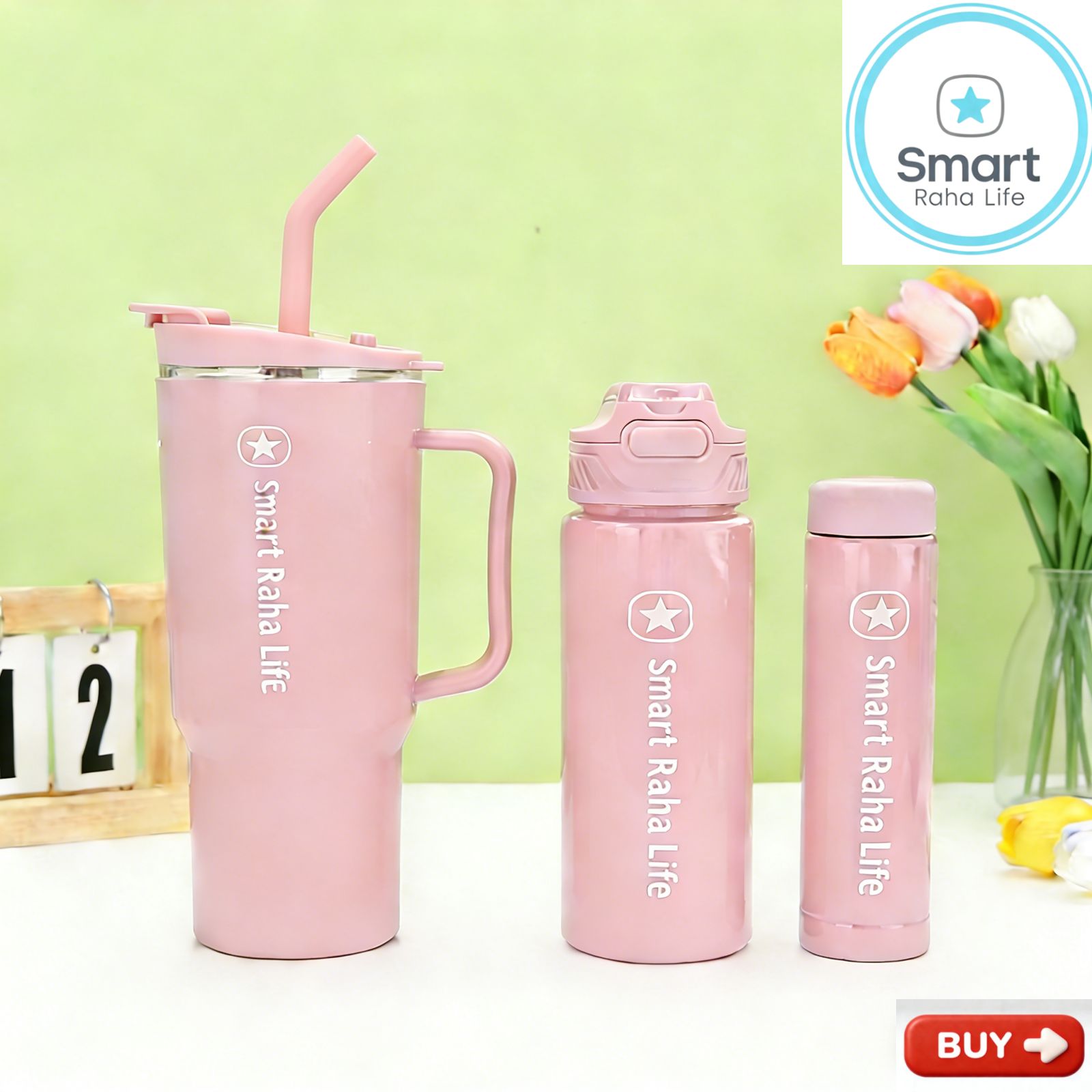 Smartrahalife 3PCS Water Bottles Set 40oz Large Capacity 1200ml/700ml/260ml,3-in-1 Stanley Style Travel Mugs with Straw & Leakproof Lid, Portable Sports Cup for Office  Gym Coffee Smoothie Juice