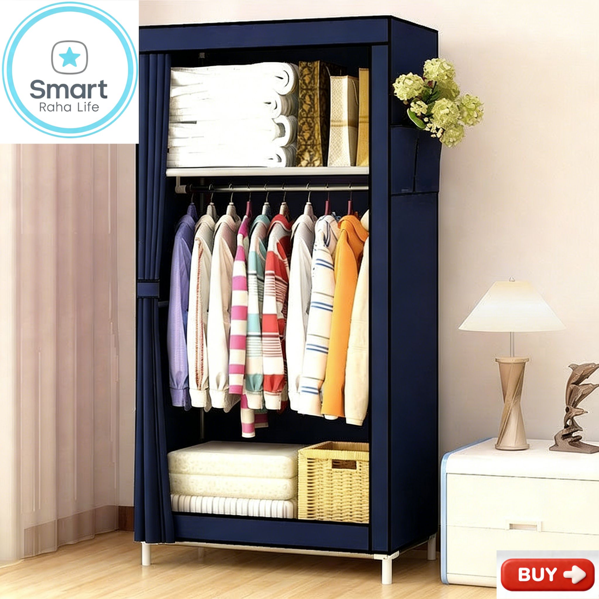 【Promotion】Smartrahalife 60CM Portable Wardrobe Large Capacity Closet Organizer Assemble Storage Closet Metallic Clothing Rack for Bedroom Home Dormitory Sturdy Steel Frame