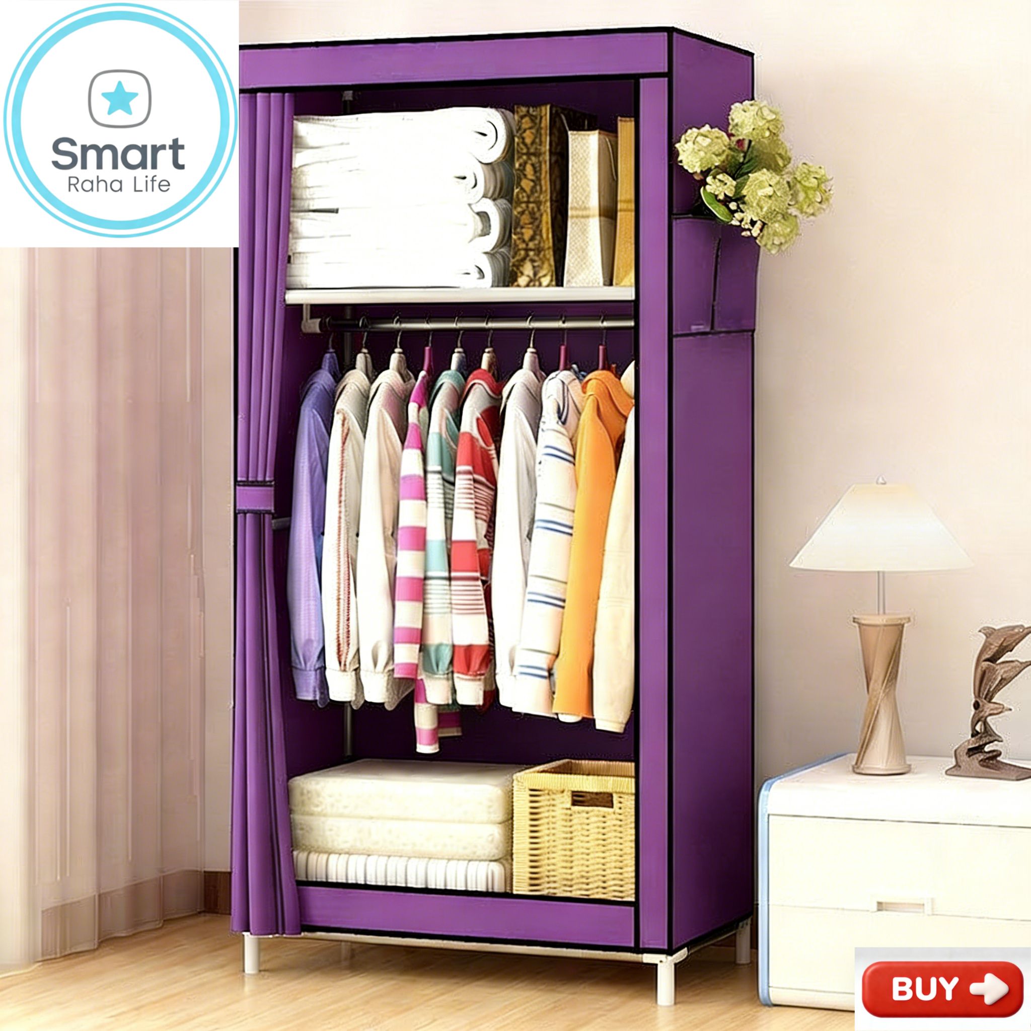 【Promotion】Smartrahalife 60CM Portable Wardrobe Large Capacity Closet Organizer Assemble Storage Closet Metallic Clothing Rack for Bedroom Home Dormitory Sturdy Steel Frame