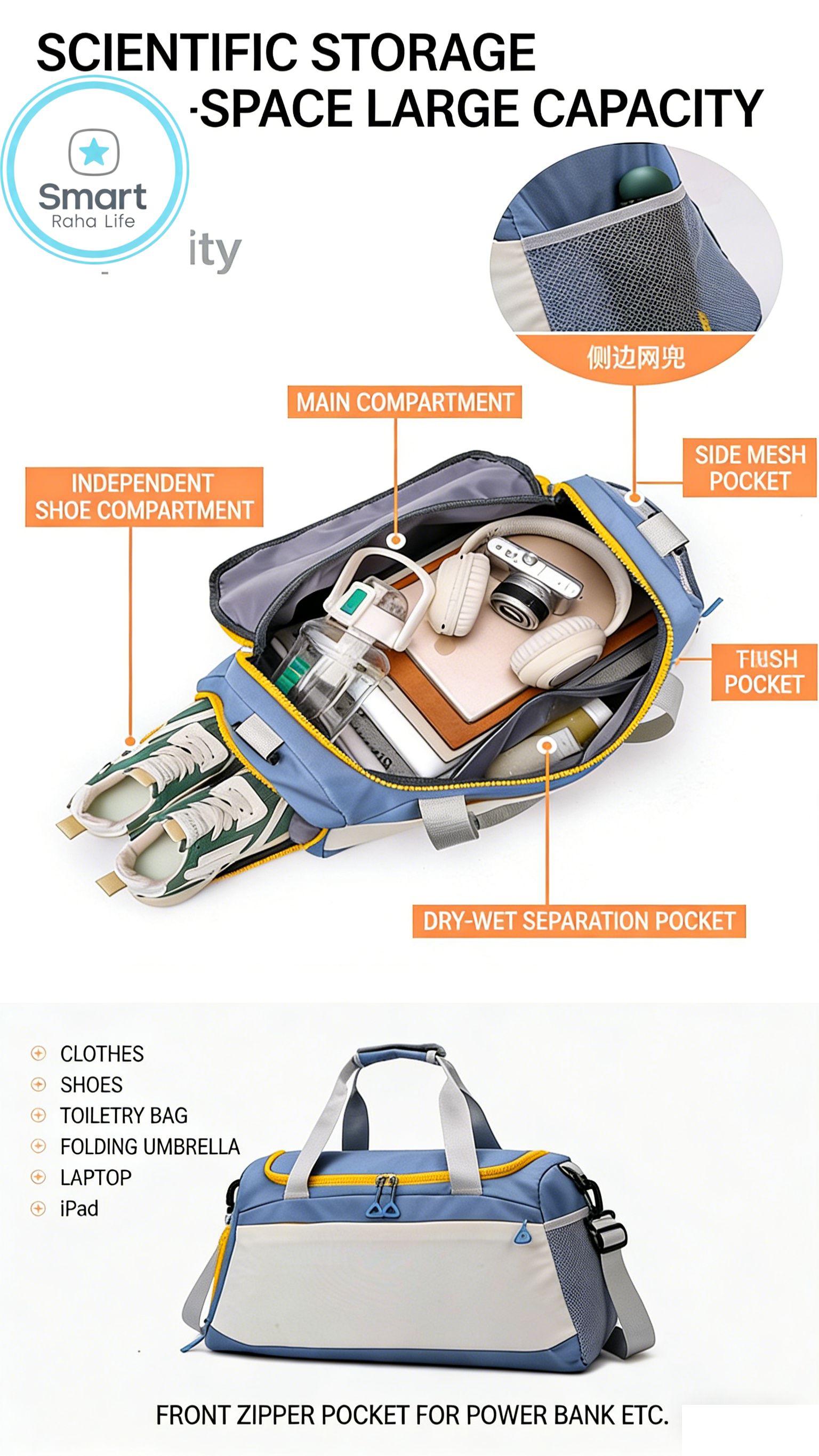 Smartrahalife Fashion Multifunctional Travel Crossbody Bag with Trolley Sleeve Wet Dry Separation Luggage Tote for Gym, Sports & Travel, Hand Luggage Organizer