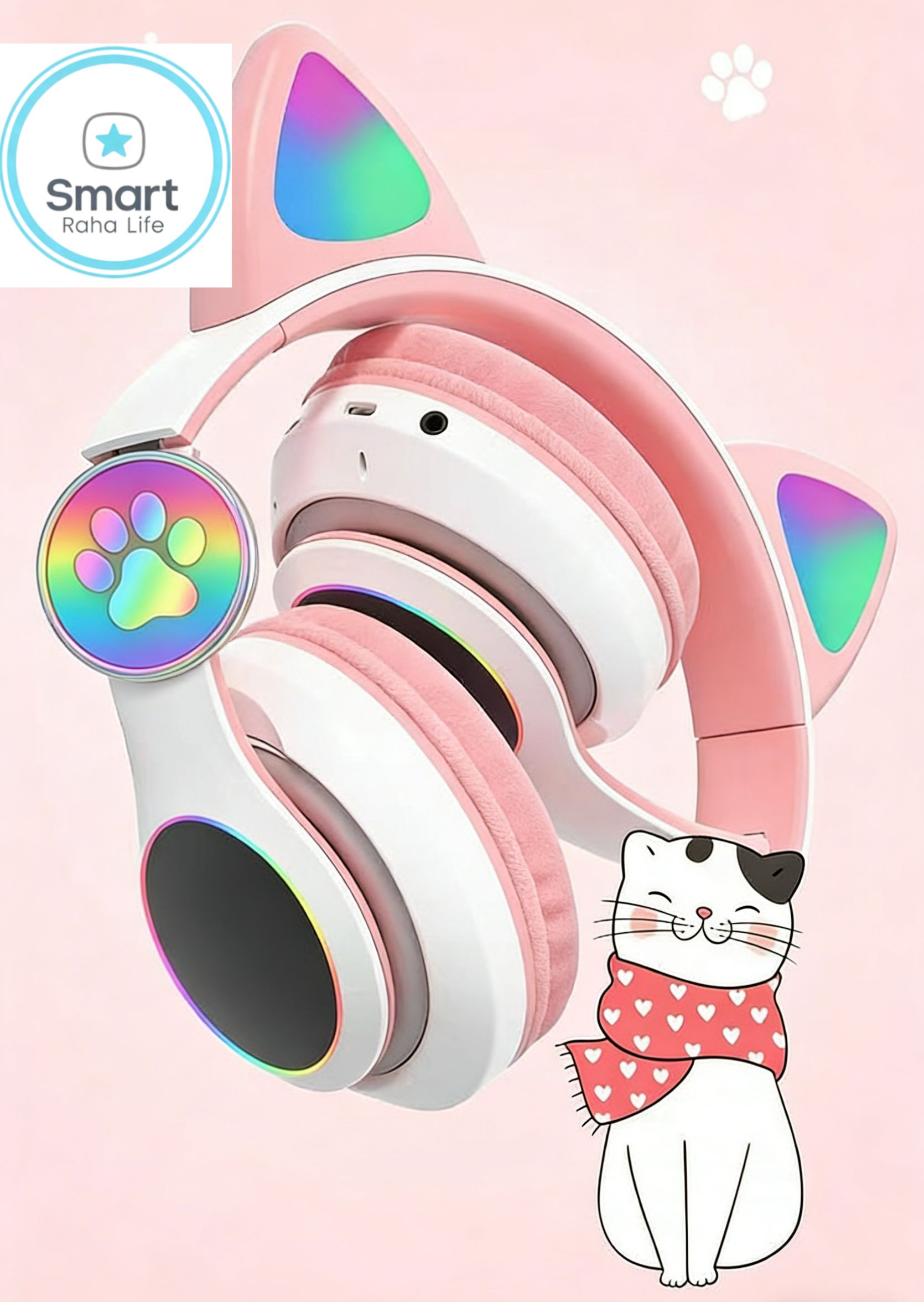 【Promotion】Smartrahalife Wireless Bluetooth Headphone Cat's Ears Stereo Bass Sound Foldable Sports Headset with TF Card Slot Hands-free Mic for iOS Android Phone Long Battery Life