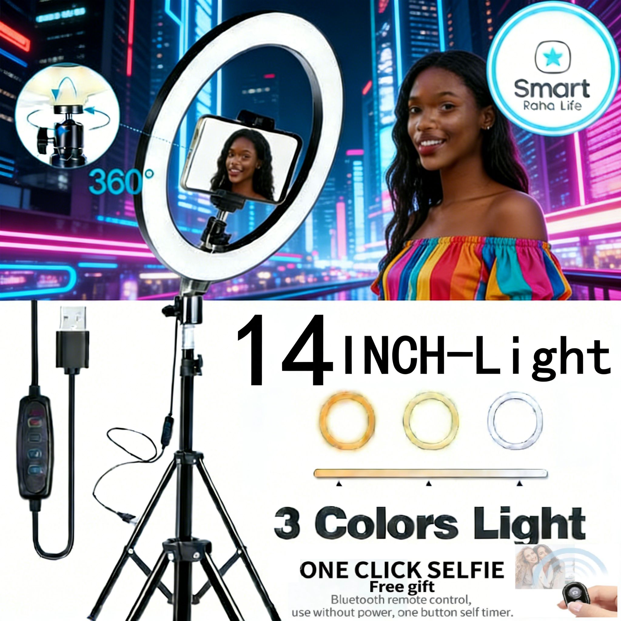 【Promotion】Smartrahalife 14 Inch Ring Light with 2.1M Tripod Stand Professional Studio Setup with Phone Holder for Live Streaming, Makeup Selfie Video Recording