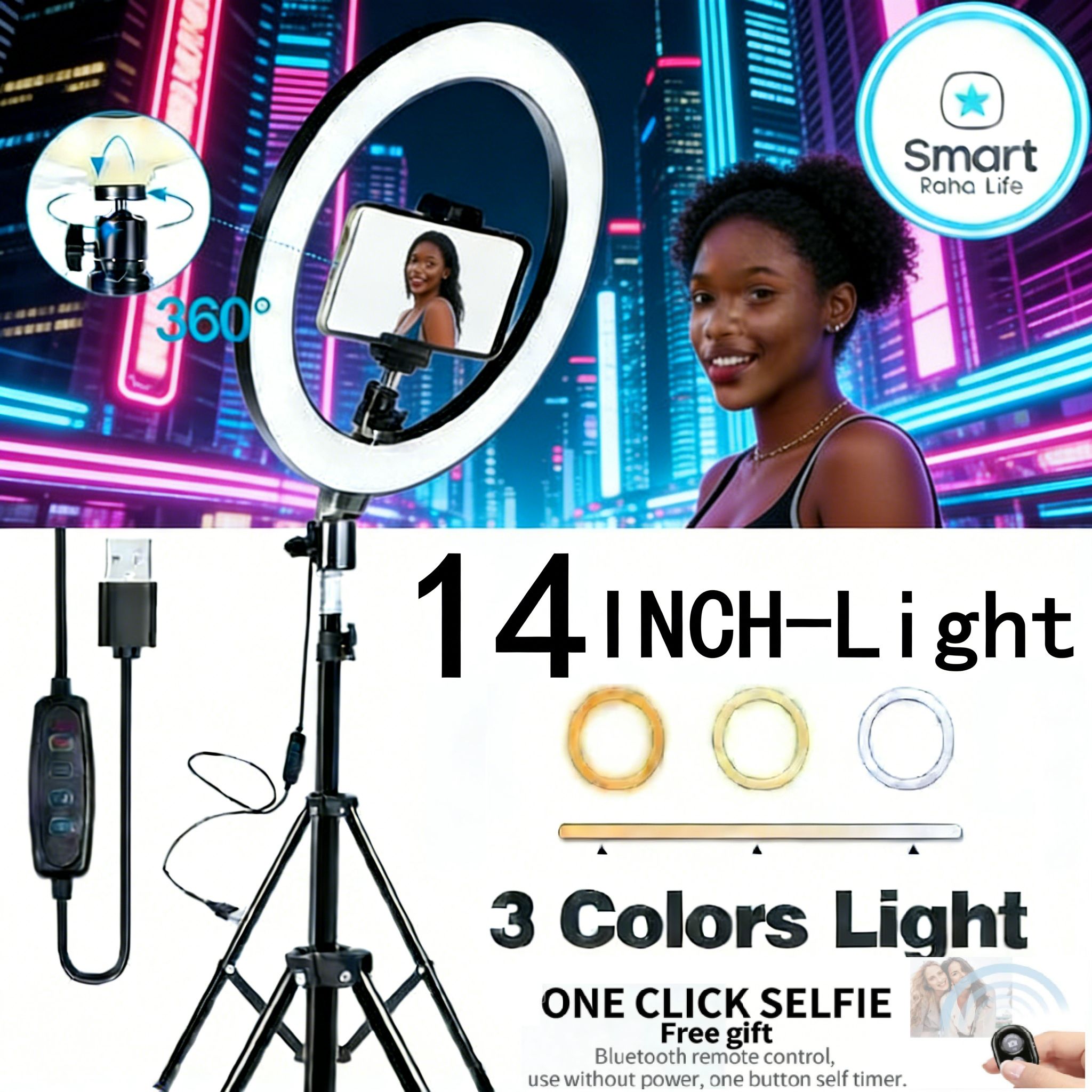 【Promotion】Smartrahalife 2.1M Tripod Stand with 14 Inch LED Ring Light Professional Studio Setup with Phone Holder for Live Streaming Makeup Selfie and Video Recording