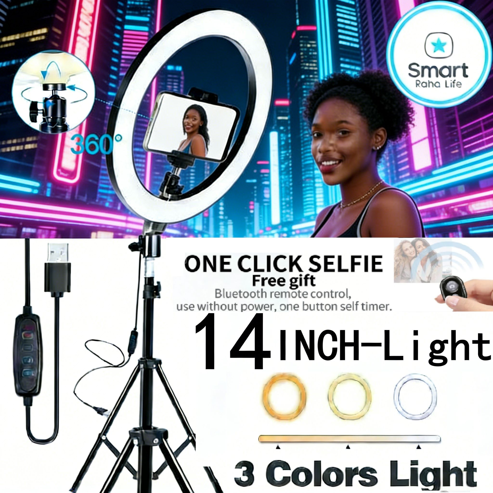 【Promotion】Smartrahalife 2.1M Tripod Stand with 14 Inch LED Ring Light Professional Studio Setup with Phone Holder for Live Streaming Makeup Selfie and Video Recording