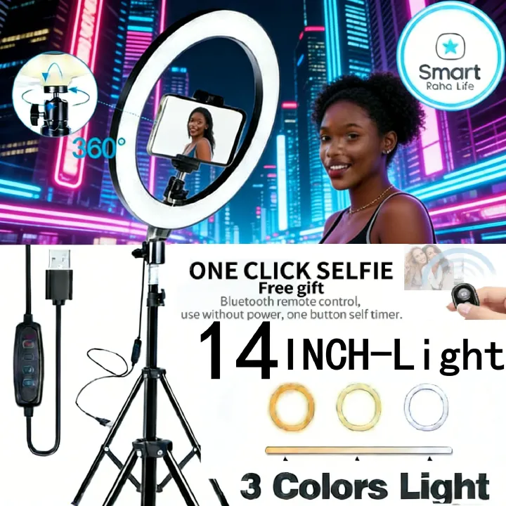 【Promotion】Smartrahalife 2.1M Tripod Stand with 14 Inch LED Ring Light Professional Studio Setup with Phone Holder for Live Streaming Makeup Selfie and Video Recording