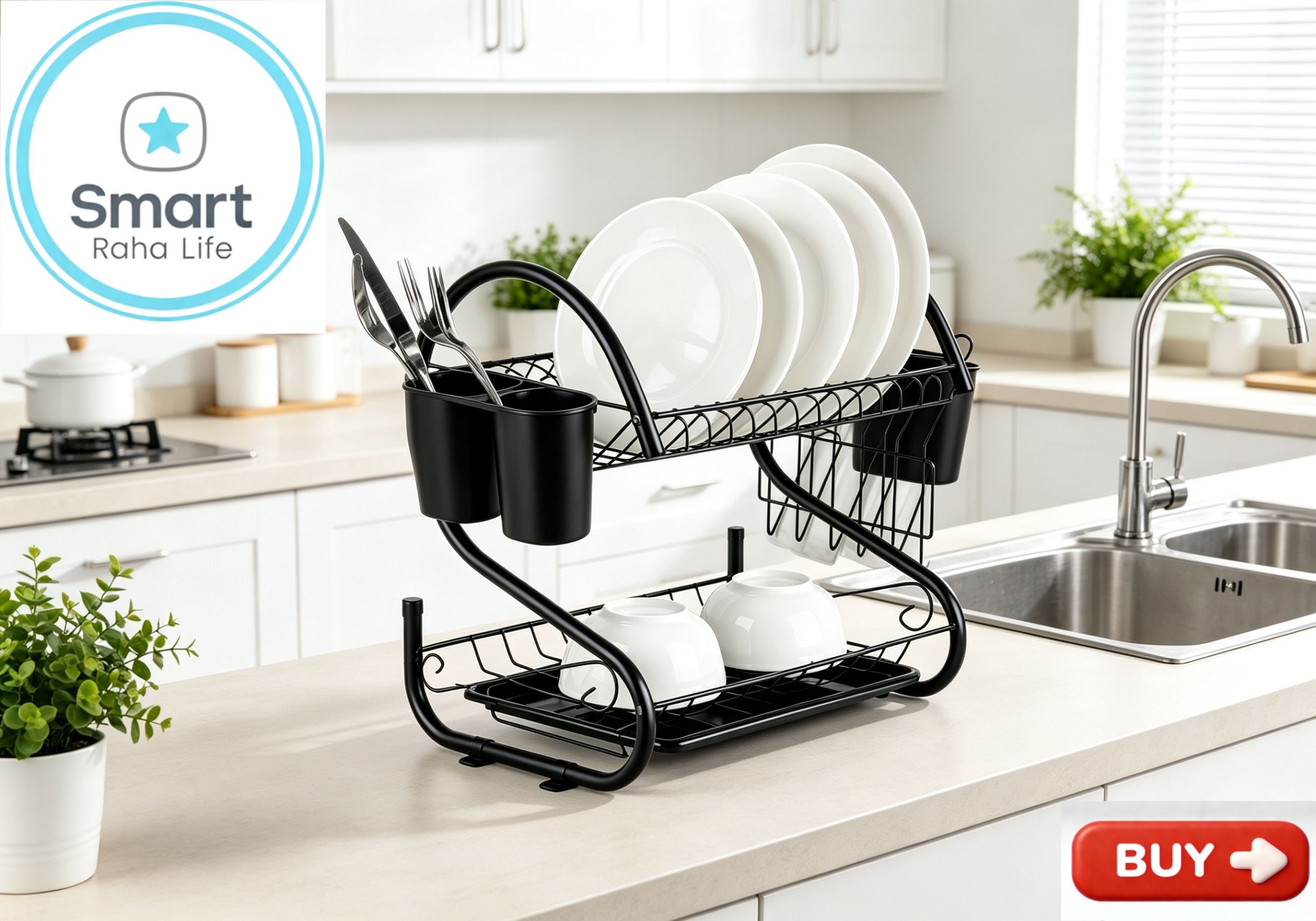 【Promotion 】Smartrahalife 16 Inch Multi-Layer Dish Drain Rack Stainless Steel Utensil & Kitchen Tools Storage Organizer Drying Rack for Sink Counter | Space Saving & Rust-Resistant