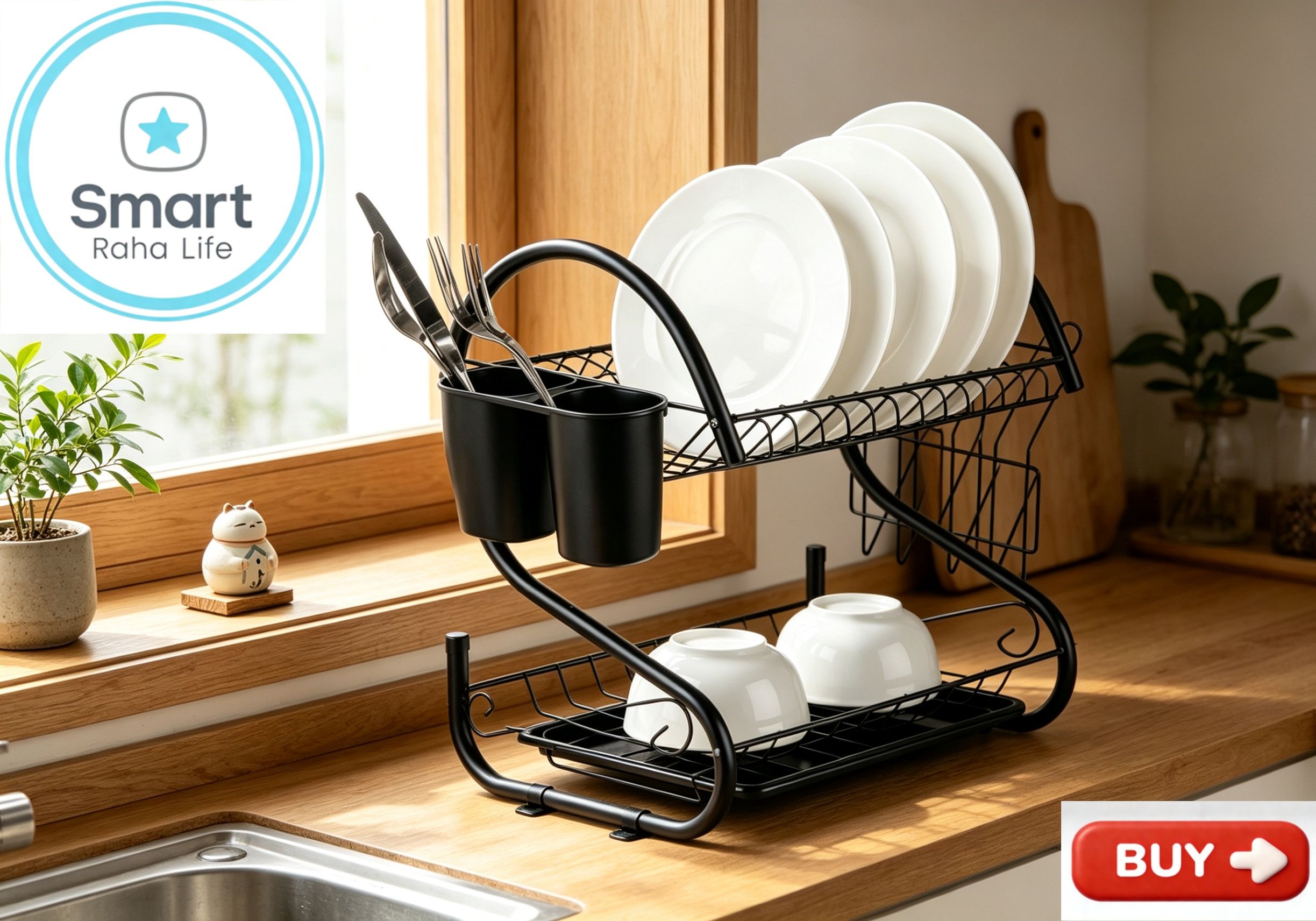 【Promotion 】Smartrahalife 16 Inch Multi-Layer Dish Drain Rack Stainless Steel Utensil & Kitchen Tools Storage Organizer Drying Rack for Sink Counter | Space Saving & Rust-Resistant