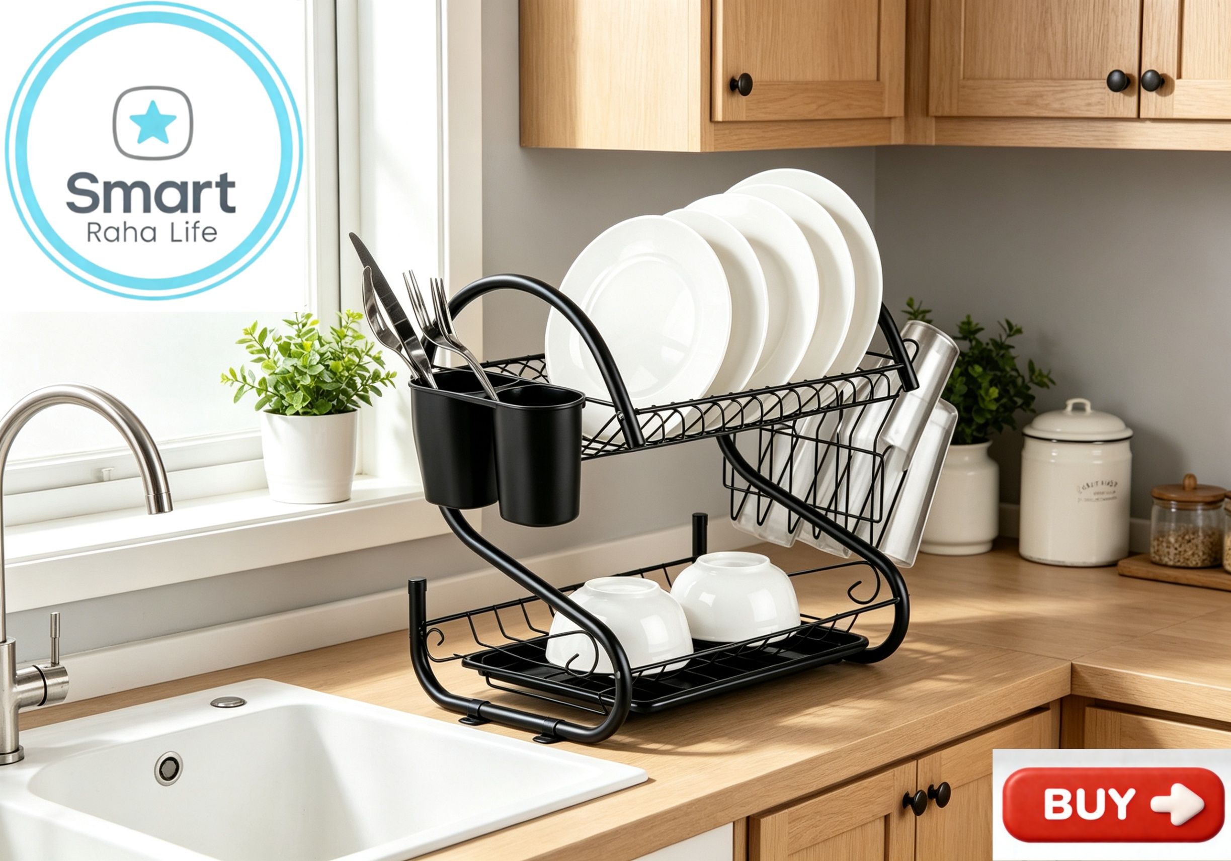 【Promotion 】Smartrahalife 16 Inch Multi-Layer Dish Drain Rack Stainless Steel Utensil & Kitchen Tools Storage Organizer Drying Rack for Sink Counter | Space Saving & Rust-Resistant