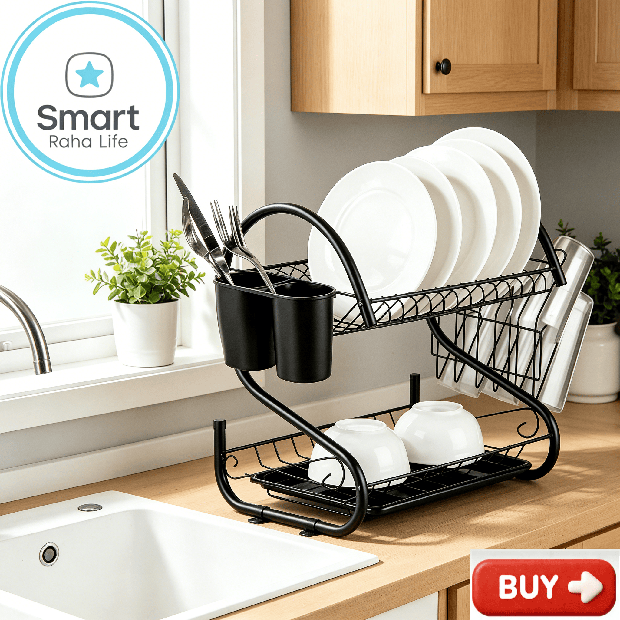 【Promotion 】Smartrahalife 16 Inch Multi-Layer Dish Drain Rack Stainless Steel Utensil & Kitchen Tools Storage Organizer Drying Rack for Sink Counter | Space Saving & Rust-Resistant