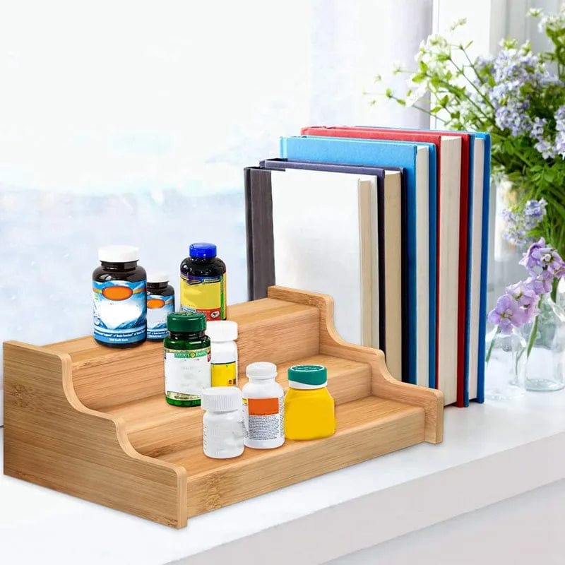 3 STEP MULTIPURPOSE BAMBOO  SPICE ORGANIZER SPICE RACK ORGANIZER, 3 TIER EXPANDABLE BAMBOO SPICE RACK ORGANIZER, GREAT FOR KITCHEN CABINET, CUPBOARD, PANTRY.