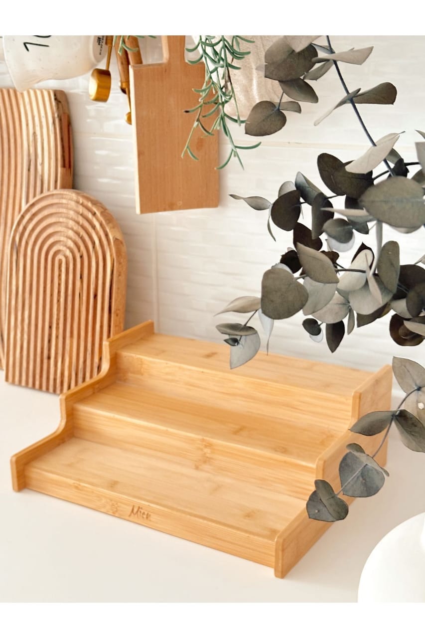 3 STEP MULTIPURPOSE BAMBOO  SPICE ORGANIZER SPICE RACK ORGANIZER, 3 TIER EXPANDABLE BAMBOO SPICE RACK ORGANIZER, GREAT FOR KITCHEN CABINET, CUPBOARD, PANTRY.