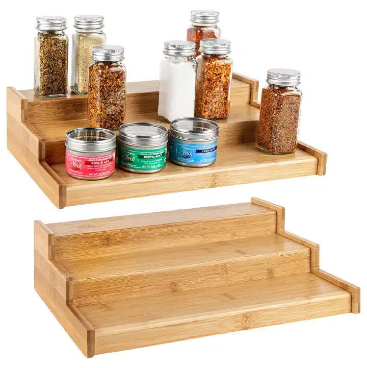 3 STEP MULTIPURPOSE BAMBOO  SPICE ORGANIZER SPICE RACK ORGANIZER, 3 TIER EXPANDABLE BAMBOO SPICE RACK ORGANIZER, GREAT FOR KITCHEN CABINET, CUPBOARD, PANTRY.