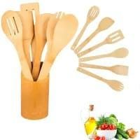 4PC BAMBOO COOKING SPOONS + HOLDER WOODEN SPOONS FOR COOKING  ORGANIC BAMBOO UTENSIL SET WITH HOLDER WOOD KITCHEN UTENSILS SPATULA SPOON FOR HIGH HEAT STIRRING IN NONSTICK POTS & PANS QUALITY GIFT .