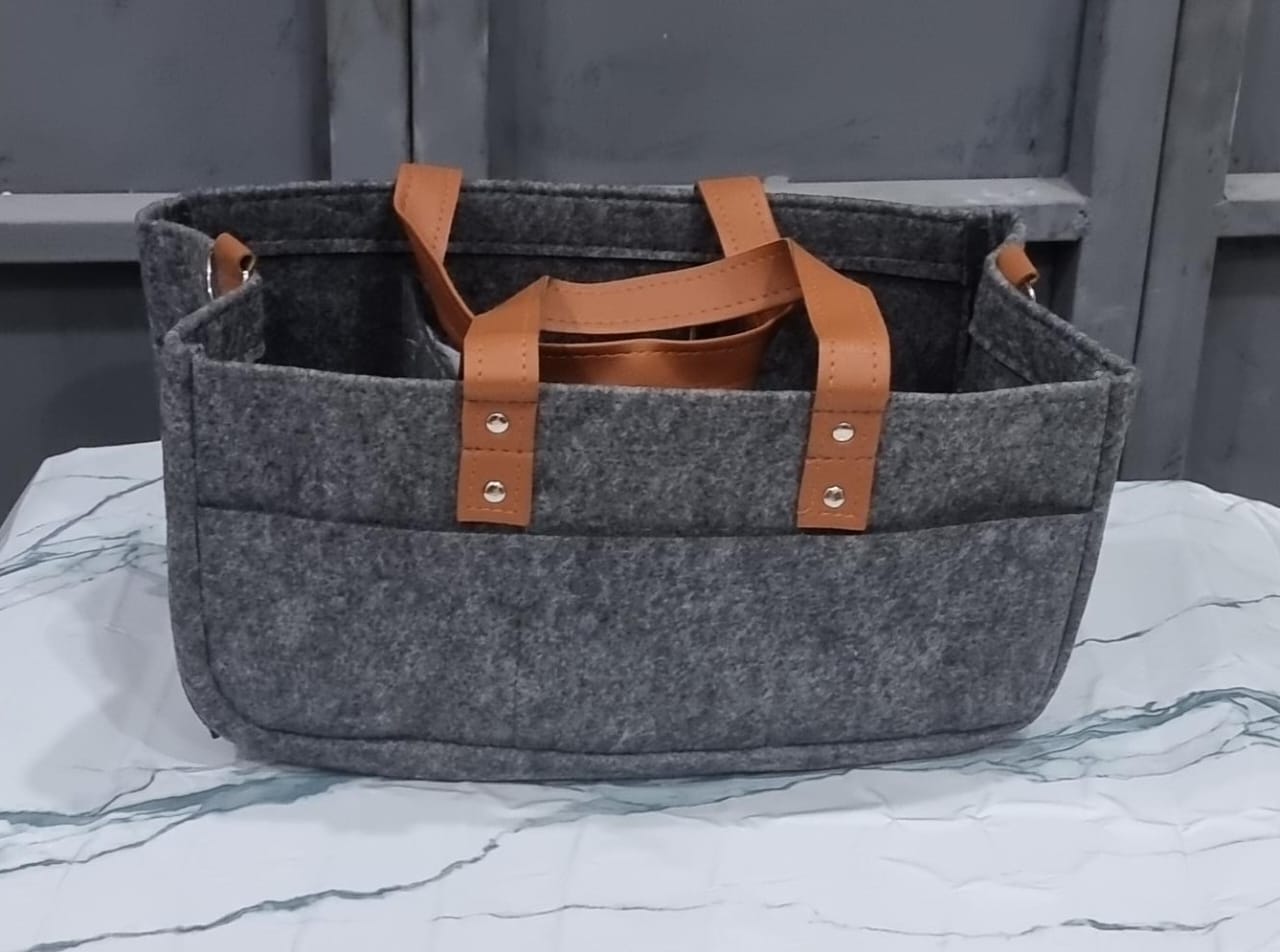 FELT FABRIC BABY NURSING BAG WITH REMOVABLE DIVIDERS NURSERY STORAGE BIN AND CAR ORGANIZER FOR DIAPERS AND BABY WIPES.