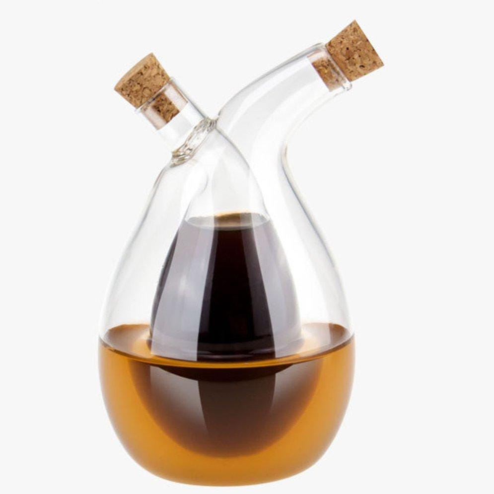 HIGH QUALITY 2IN1 CRUET TWISTED OIL AND VINEGAR GLASS BOTTLE DISPENSER WITH BAMBOO CORKS  CAPACITY OUTER 400MLS AND INNER 100MLSDUAL GLASS OIL DISPENSING CONTAINER FOR KITCHEN COOKING