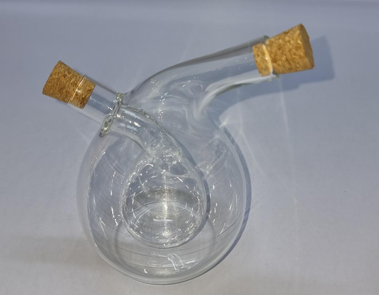 HIGH QUALITY 2IN1 CRUET TWISTED OIL AND VINEGAR GLASS BOTTLE DISPENSER WITH BAMBOO CORKS  CAPACITY OUTER 400MLS AND INNER 100MLSDUAL GLASS OIL DISPENSING CONTAINER FOR KITCHEN COOKING