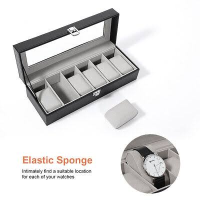 SOFT LEATHER 6 WATCH BOX ORGANIZER WATCH DISPLAY CASE FOR MEN,LEATHER WATCH ORGANIZER BOX,WATCH TRAVEL ORGANIZER TRAY,WATCH COLLECTION STORGE HOLDER FOR WOMEN (BLACK LEATHER, 6 SLOTS)