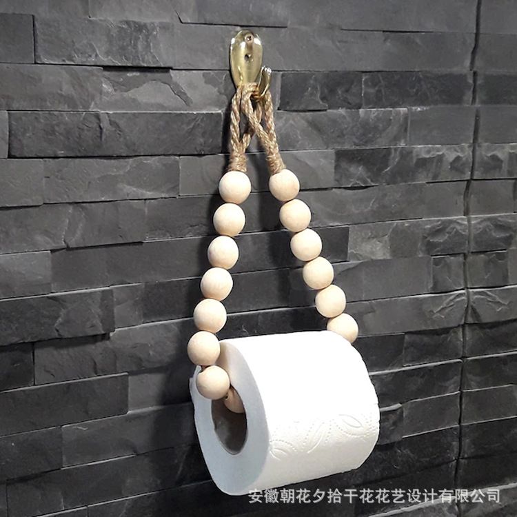 ARTISTIC & CREATIVE HEMP BEADED ROPE LIKE TISSUE/HAND TOWEL HOLDER ROPE TOILET PAPER HOLDER, WOOD BEAD HEMP ROPE TOWEL HOLDER, WALL MOUNT BOHO TOILET TISSUE HOLDER NO-DRILL BATHROOM TOWEL HOLDER