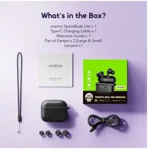 LIMITED OFFER!! Oraimo Spacebud Lite OTW-324 Up To 40hrs Long Playtime New lite series pods with sound 360 spatial audio and anti lost Lanyard Havy Bass Input: Type-C And Bluetooth Version: V5.4
