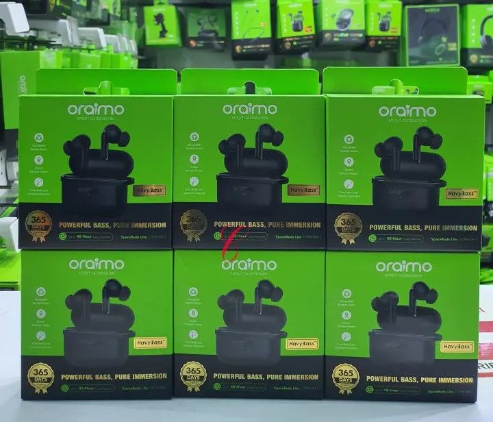 LIMITED OFFER!! Oraimo Spacebud Lite OTW-324 Up To 40hrs Long Playtime New lite series pods with sound 360 spatial audio and anti lost Lanyard Havy Bass Input: Type-C And Bluetooth Version: V5.4