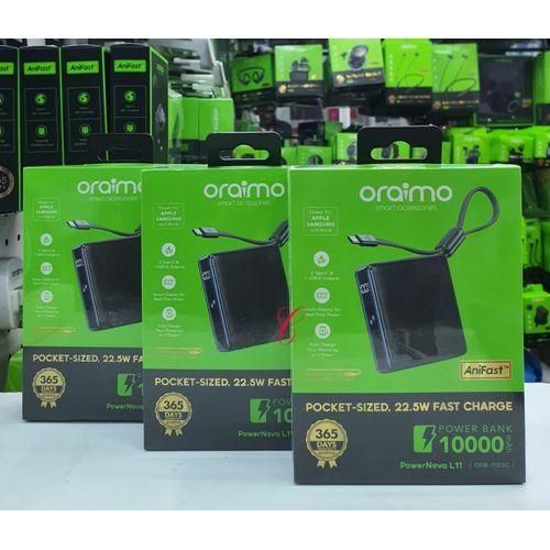 Oraimo Mini Powerbank, OPB-7103C PowerNova L11, 10000 mAH/20000mAh, Pocket Size 22.5W, Fast Charging, Dual Port, Type C Built In Cable Strap