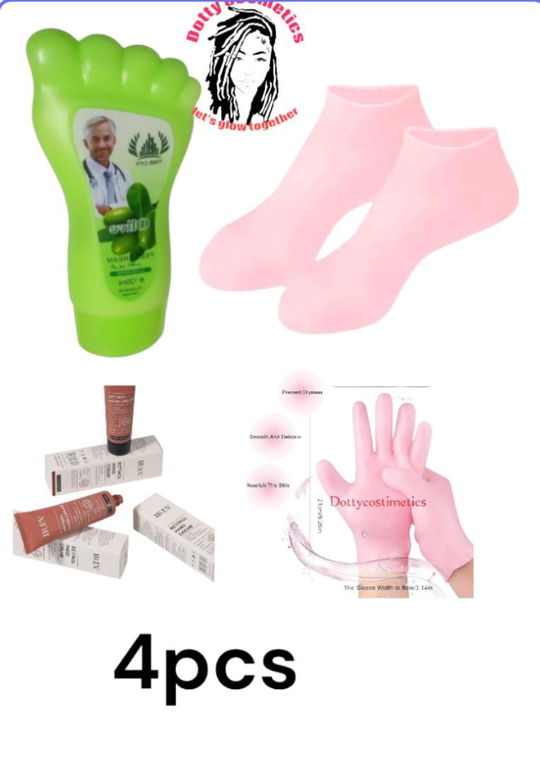 SOFT FOOT AND HANDS  SKIN CARE PACKAGE - RETINOL HAND CREAM, TREE CITY  FOOT CREAM , SILICONE SOCKS AND  SILICONE  GLOVES. ( confirm your order in the photos)