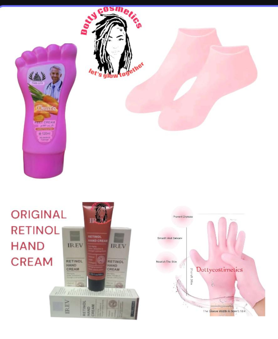 SOFT FOOT AND HANDS  SKIN CARE PACKAGE - RETINOL HAND CREAM, TREE CITY  FOOT CREAM , SILICONE SOCKS AND  SILICONE  GLOVES. ( confirm your order in the photos)
