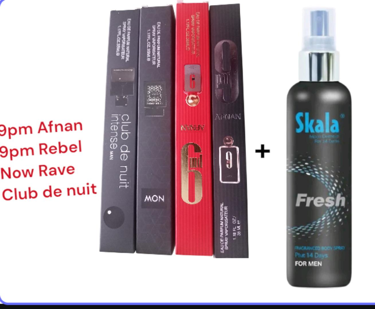 9pm AFNAN BLACK + 9pm REBEL +NOW RAVE FOR MEN + CLUB DE NUIT INTENSE MAN  PERFUME 35ML EACH + SKALA BODY SPRAY 50ML. MEN TRENDING PERFUMES  . SMELL GOOD ON A LOW BUDGET