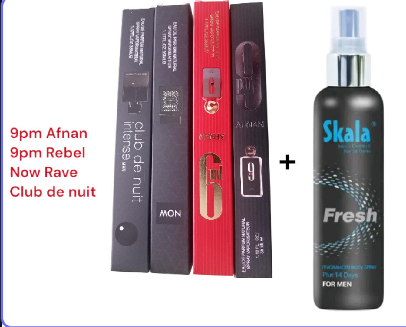 9pm AFNAN BLACK + 9pm REBEL +NOW RAVE FOR MEN + CLUB DE NUIT INTENSE MAN  PERFUME 35ML EACH + SKALA BODY SPRAY 50ML. MEN TRENDING PERFUMES  . SMELL GOOD ON A LOW BUDGET