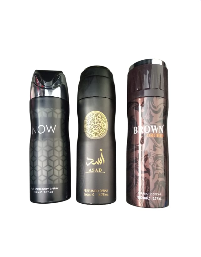 Men’s Arabic Perfumed Body Spray Set of 3 (200ml Each) – Long Lasting Fragrance NOW RAVE MEN +BROWN ORCHID  +ASAD BY LATTAFFA