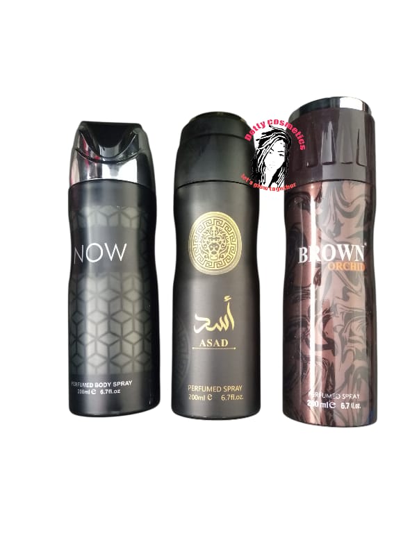 Men’s Arabic Perfumed Body Spray Set of 3 (200ml Each) – Long Lasting Fragrance NOW RAVE MEN +BROWN ORCHID  +ASAD BY LATTAFFA