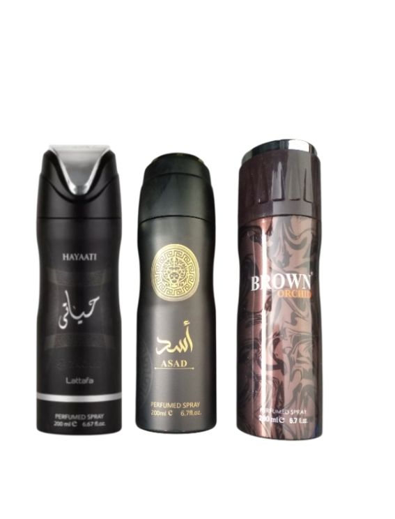 Men’s Arabic Perfumed Body Spray Set of 3 (200ml Each) – Long Lasting Fragrance
HAYATI BY LATTAFFA +ASAD BY LATTAFFA +BROWN ORCHID