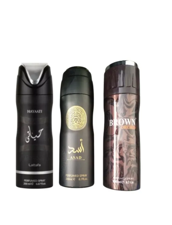 Men’s Arabic Perfumed Body Spray Set of 3 (200ml Each) – Long Lasting Fragrance
HAYATI BY LATTAFFA +ASAD BY LATTAFFA +BROWN ORCHID
