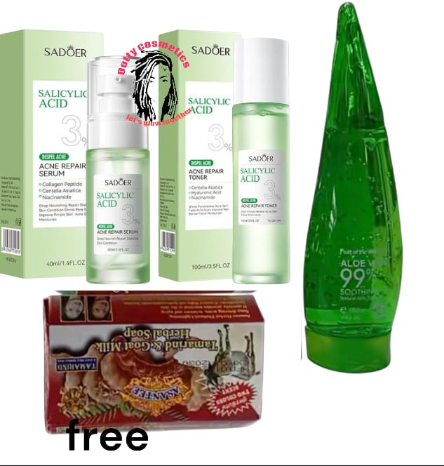 ACNE SKIN CARE TREATMENT _SADOER TONER +SADOER SERUM+ALOE VERA GEL+ASANTEE GOAT AND TAMARIND SOAP. THIS SKIN CARE SET WILL DRY UP ACNE AND PIMPLES , UNCLOG PORES, AND CONTROL OIL ON ACNE PRONE SKIN