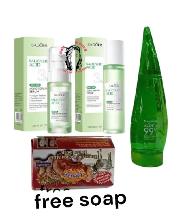 ACNE SKIN CARE TREATMENT _SADOER TONER +SADOER SERUM+ALOE VERA GEL+ASANTEE GOAT AND TAMARIND SOAP. THIS SKIN CARE SET WILL DRY UP ACNE AND PIMPLES , UNCLOG PORES, AND CONTROL OIL ON ACNE PRONE SKIN