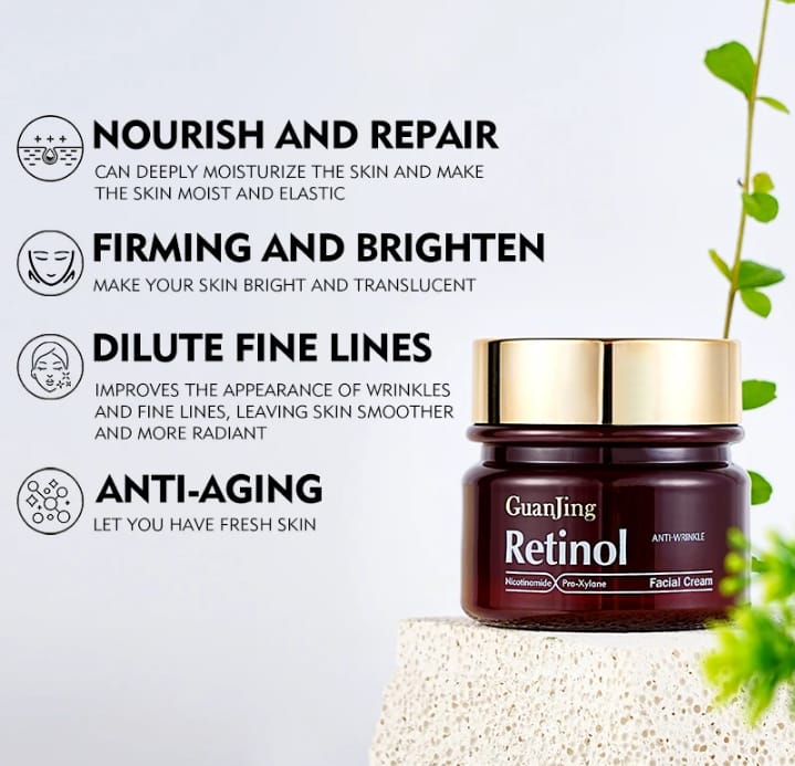 Guanjing RETINOL Anti-Aging Facial CREAM + Anti-Wrinkle Face SERUM.  Removes Wrinkles, Smooths, Firms, Promote skin elasticity & Moisturizes( FREE RETINOL FACE CLEANSER)-3pcs